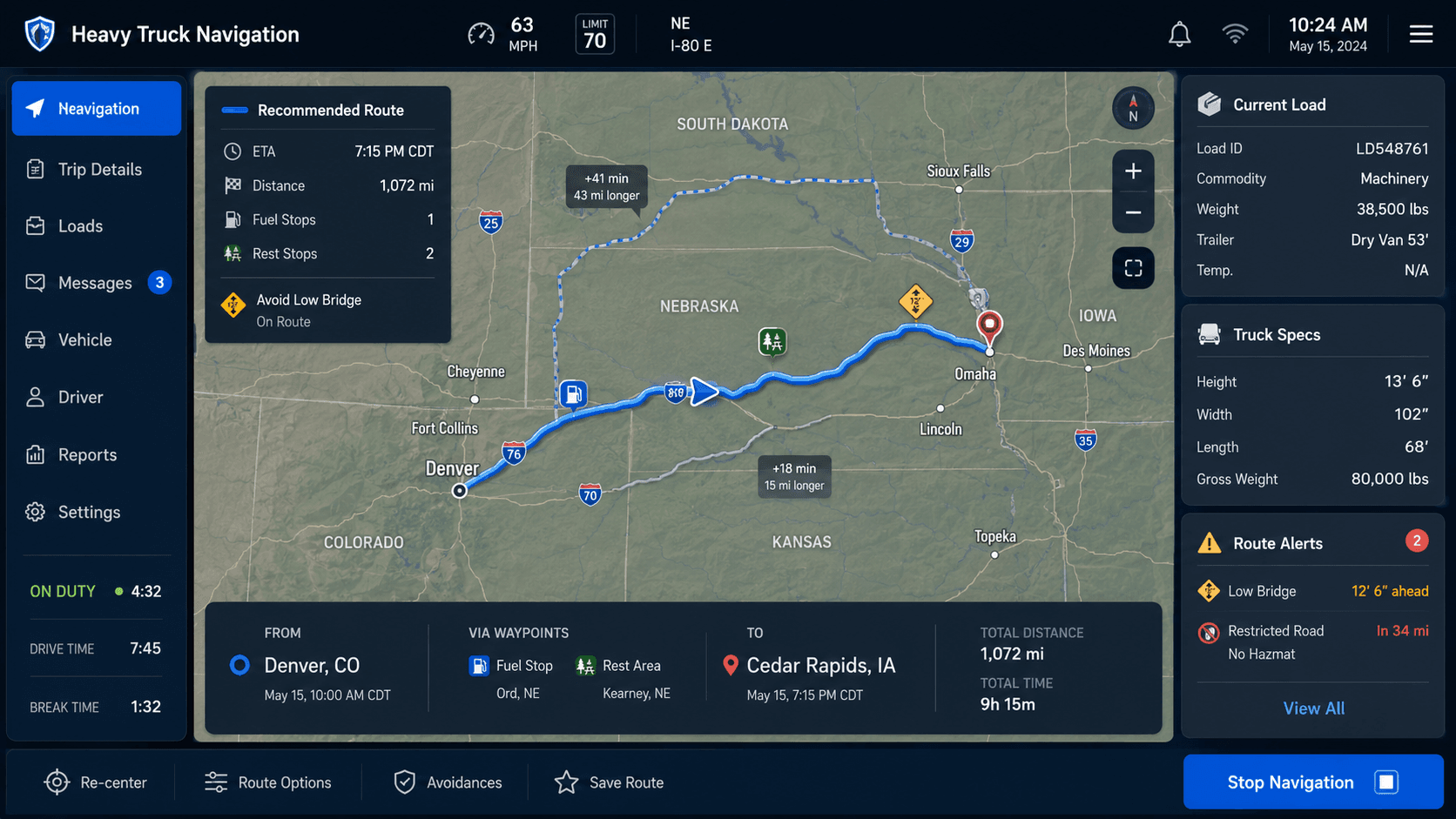 Smart Navigation - Heavy truck dashboard navigation display